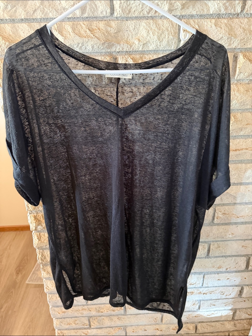 Cotton Bleu Black Sheer V-Neck Short Sleeve Tee